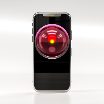 Smartphone displaying red eye artificial intelligence 3d