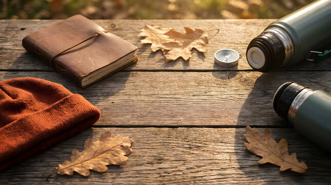 Travel equipment with a leather journal, thermos, and compass on a rustic wooden table during a golden autumn sunset.