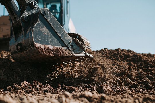 Excavator bucket digging into dark soil, showing weathered steel and flying clods for construction and heavy equipment marketing
