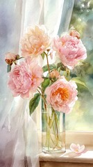 Obraz premium Watercolor peonies in a vase by a window, perfect for mobile wallpaper.