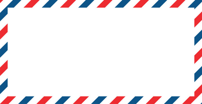 Airmail envelope border icon. Vintage postal mail stripe frame and international postage letter symbol. Red and blue diagonal striped rectangular border