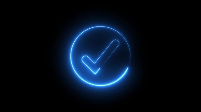 Glowing neon blue color checkmark sign icon animation circle tick accept done right confirm ok yes verify success sign symbol on black background	