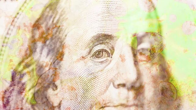 Colorful art animation with a portrait of Benjamin Franklin in a 100 US dollar bill. Money concept.