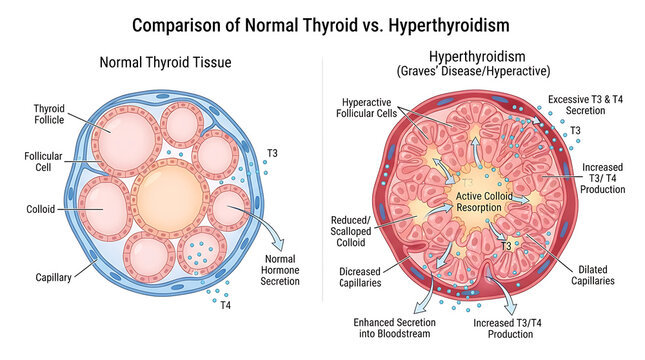 Anatomical Illustration of Normal Thyroid Gland Tissue Compared with Hyperthyroid Gland Cells and Hormonal Overproduction