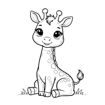 Cartoon baby giraffe sitting on grass smiling sweetly looking cute