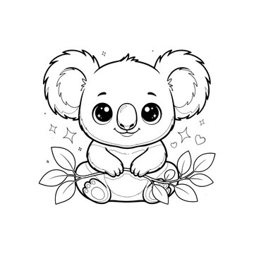 Cute cartoon koala bear sitting on branch with leaves and sparkles around it smiling