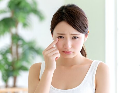 目の下のクマに悩む女性が指で肌ケア確認困った表情