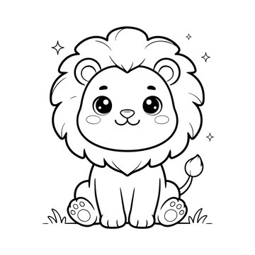 A cute cartoon lion with a big mane and happy face sitting on grass