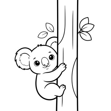 Cute cartoon koala bear climbing up a tree trunk with leaves