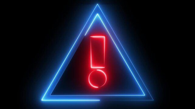 Glowing neon red and blue color warning attention sign icon animation danger risk alert error stop signal emergency hazard problem issue triangle, sign information  sign symbol on black background