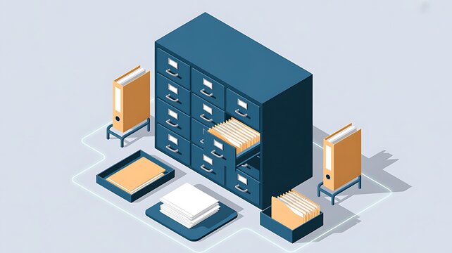 Blue filing cabinet with open drawers and folders in isometric view