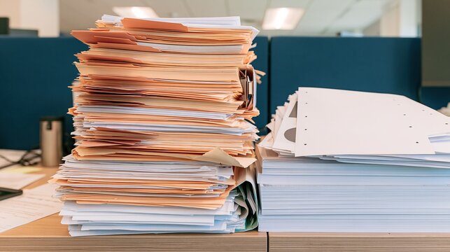 Stack of papers with tabbed dividers on a wooden desk, a messy workload of documents for tax and accounting, with copy space