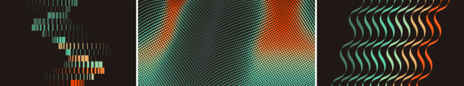 Wavy, curved ribbons. Geometric lines cascading against a dark background. Thermal spectrum image. Thermographic background. Heat map showing the distribution of heat and cold. Color gradient. Vector.