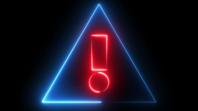 Glowing neon red and blue color warning attention sign icon animation danger risk alert error stop signal emergency hazard problem issue triangle, sign information  sign symbol on black background