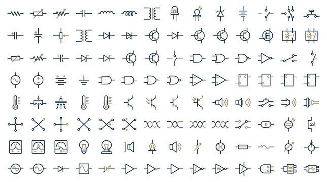 A comprehensive collection of various electronic circuit symbols and schematic components.