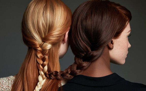 Back view of two long-haired girls with one braid
