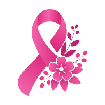 Breast Cancer Awareness PNG Graphic Featuring Pink Ribbon, Pink Flower, and Leaf Sprig on Transparent Background