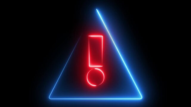Glowing neon red and blue color warning attention sign icon animation danger risk alert error stop signal emergency hazard problem issue triangle, sign information  sign symbol on black background