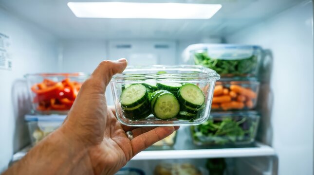 Hand holding a glass container of sliced fresh cucumbers inside a refrigerator