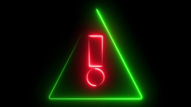 Glowing neon red and green color warning attention sign icon animation danger risk alert error stop signal emergency hazard problem issue triangle, sign information  sign symbol on black background