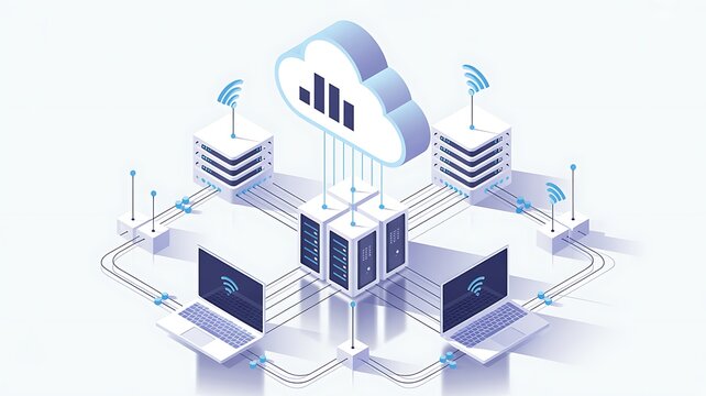 Cloud storage servers connected to laptops in a digital network during a data transfer with abstract technology concept