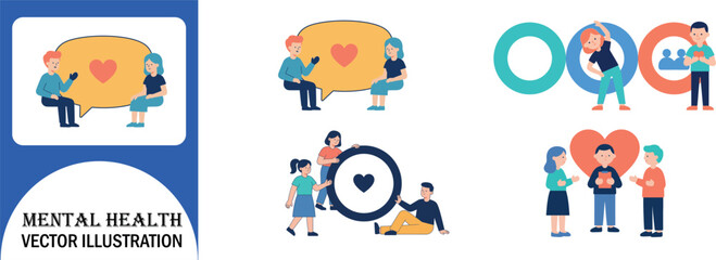 Fototapeta premium Mental health vector illustration set with diverse people communicating, exercising and supporting each other