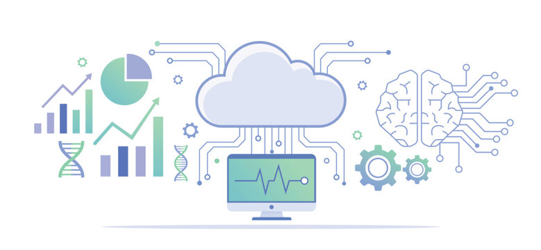 Cloud AI technology concept with smart data flow, brain tech, health data, charts, gears, and digital network