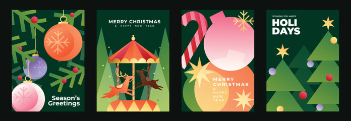 Obraz premium Christmas and Happy New Year 2027 vector poster collection with colorful baubles, candy cane, holiday tree, stars and playful geometric festive illustrations