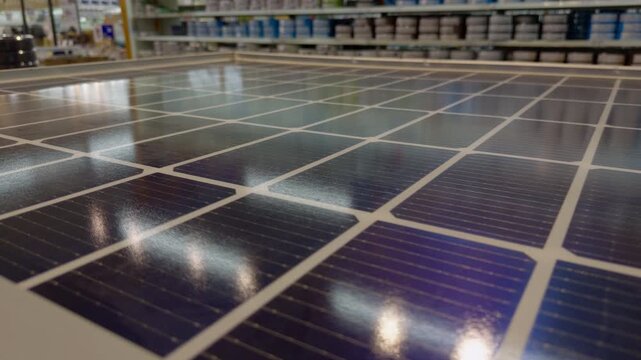 Solar Panel Display Is Shown Inside a Retail Store, Highlighting Clean Energy Technology and Sustainable Power Options