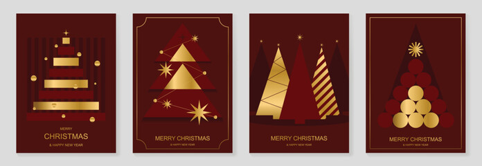 Obraz premium Luxury Christmas and Happy New Year 2027 vector poster collection with burgundy red and gold geometric trees, stacked gifts, ornaments and elegant festive decorations