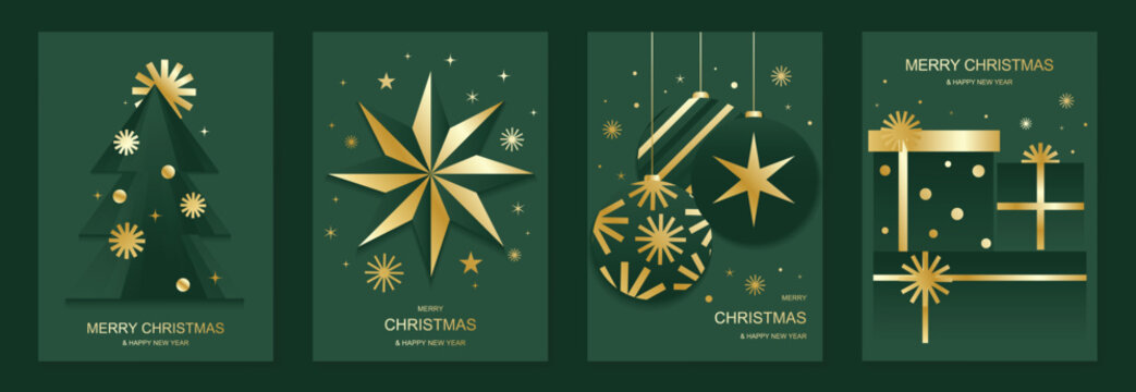 Luxury Christmas and Happy New Year 2027 vector poster collection with dark green and gold tree, star ornaments, radiant decorations and elegant gift frame design
