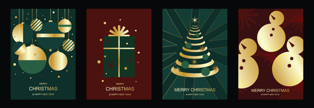 Christmas and Happy New Year 2027 vector poster collection with gold ornaments, wrapped gift, spiral tree and snowman on dark green and burgundy backgrounds