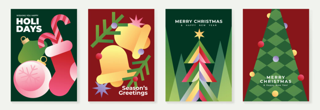 Christmas and Happy New Year 2027 vector poster collection with colorful geometric ornaments, candy cane, stylized trees and playful pink green red holiday graphics