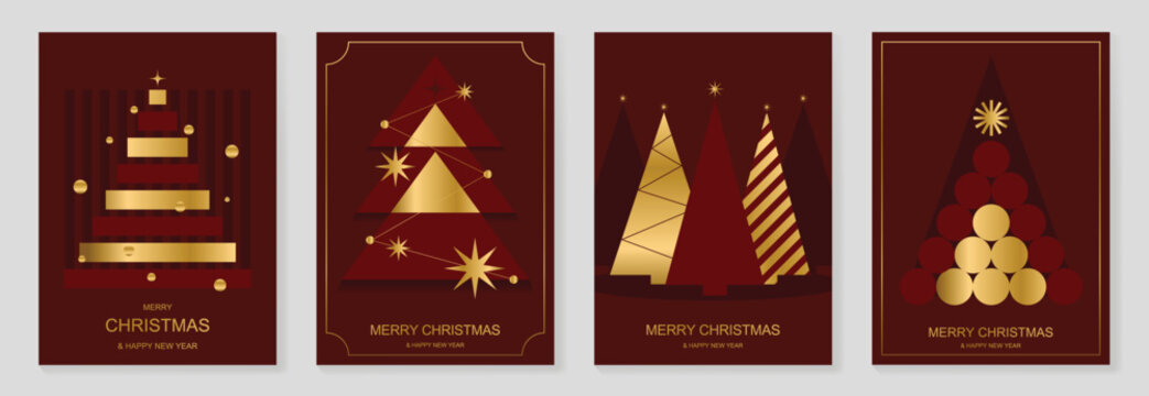Luxury Christmas and Happy New Year 2027 vector poster collection with burgundy red and gold geometric trees, stacked gifts, ornaments and elegant festive decorations