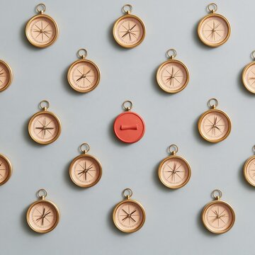 Brass gold compasses arranged in a precise geometric pattern on grey paper, with one red compass for Columbus Day and holiday sales
