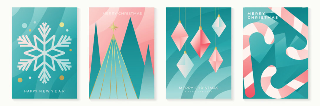 Christmas and Happy New Year 2027 vector poster collection with pastel snowflakes, stylized trees, hanging geometric ornaments and teal pink winter backgrounds