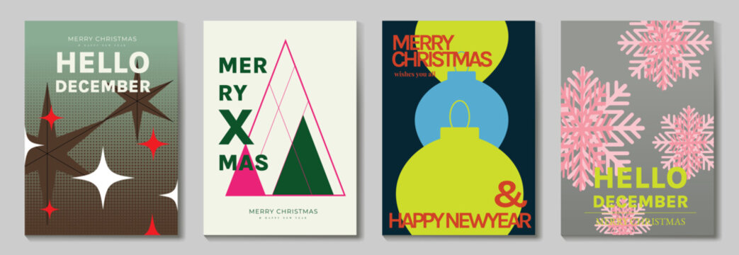 Christmas and Happy New Year 2027 vector poster collection with Hello December typography, geometric ornaments, snowflakes, modern trees and festive green pink red graphics