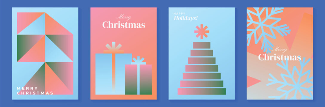Christmas and Happy New Year 2027 vector poster collection with pastel geometric trees, gift boxes, snowflakes and modern pink blue orange holiday backgrounds