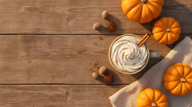 Cozy pumpkin spice latte with whipped cream and cinnamon served on a rustic wooden table with autumn decorations.