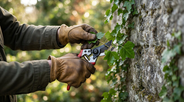 Gardener wearing gloves pruning green ivy on a tree trunk