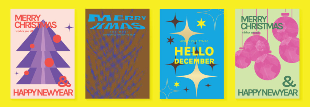 Christmas and Happy New Year 2027 vector poster collection with bright retro tree, Hello December typography, pink baubles, stars and colorful yellow blue festive graphics