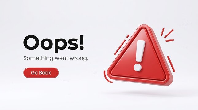 Error page UI concept featuring a 3D red warning triangle and Oops Something Went Wrong notification.