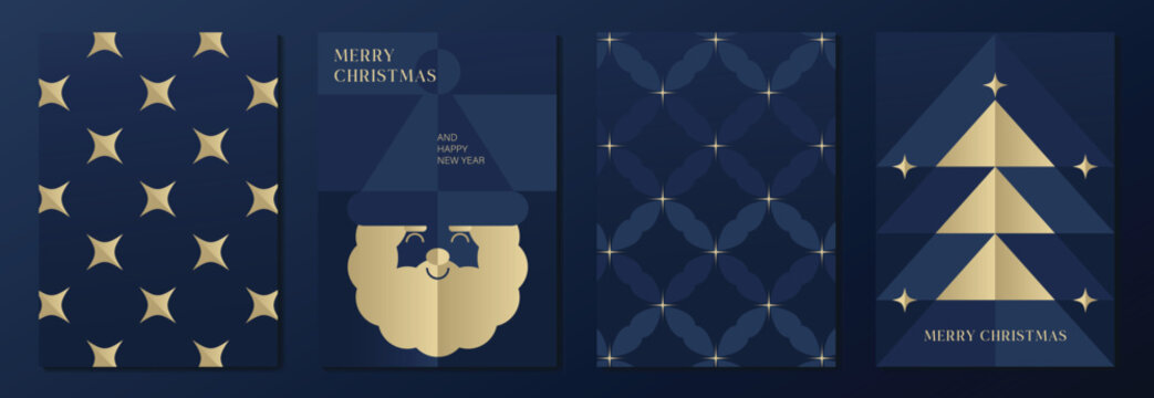 Luxury Christmas and Happy New Year 2027 vector poster collection with navy blue and gold stars, festive character, diamond pattern and geometric holiday tree