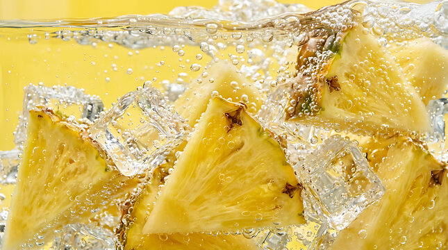Fresh pineapple slices falling into water with ice cubes creating bubbles.
