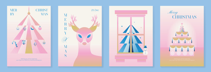 Obraz premium Christmas and Happy New Year 2027 vector poster collection with pastel geometric tree, stylized reindeer, gift inspired shapes and playful pink blue winter illustrations