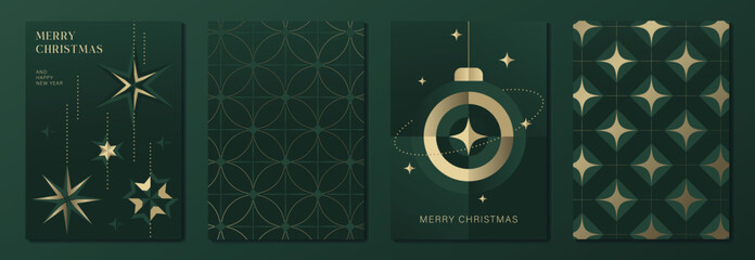Fototapeta na wymiar Luxury Christmas and Happy New Year 2027 vector poster collection with dark green and gold geometric patterns, sparkling stars, circular ornaments and elegant festive details