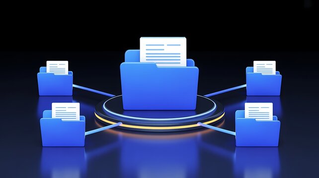 Digital data folders connected in a network during a dark technological presentation with neon accents