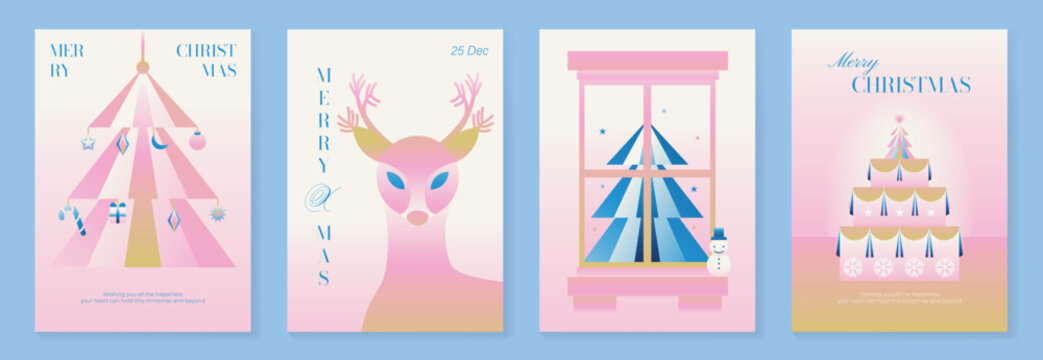 Christmas and Happy New Year 2027 vector poster collection with pastel geometric tree, stylized reindeer, gift inspired shapes and playful pink blue winter illustrations