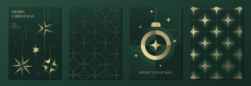 Luxury Christmas and Happy New Year 2027 vector poster collection with dark green and gold geometric patterns, sparkling stars, circular ornaments and elegant festive details