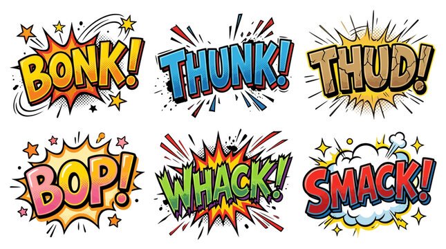 Retro comic book hit sound effects sticker set.